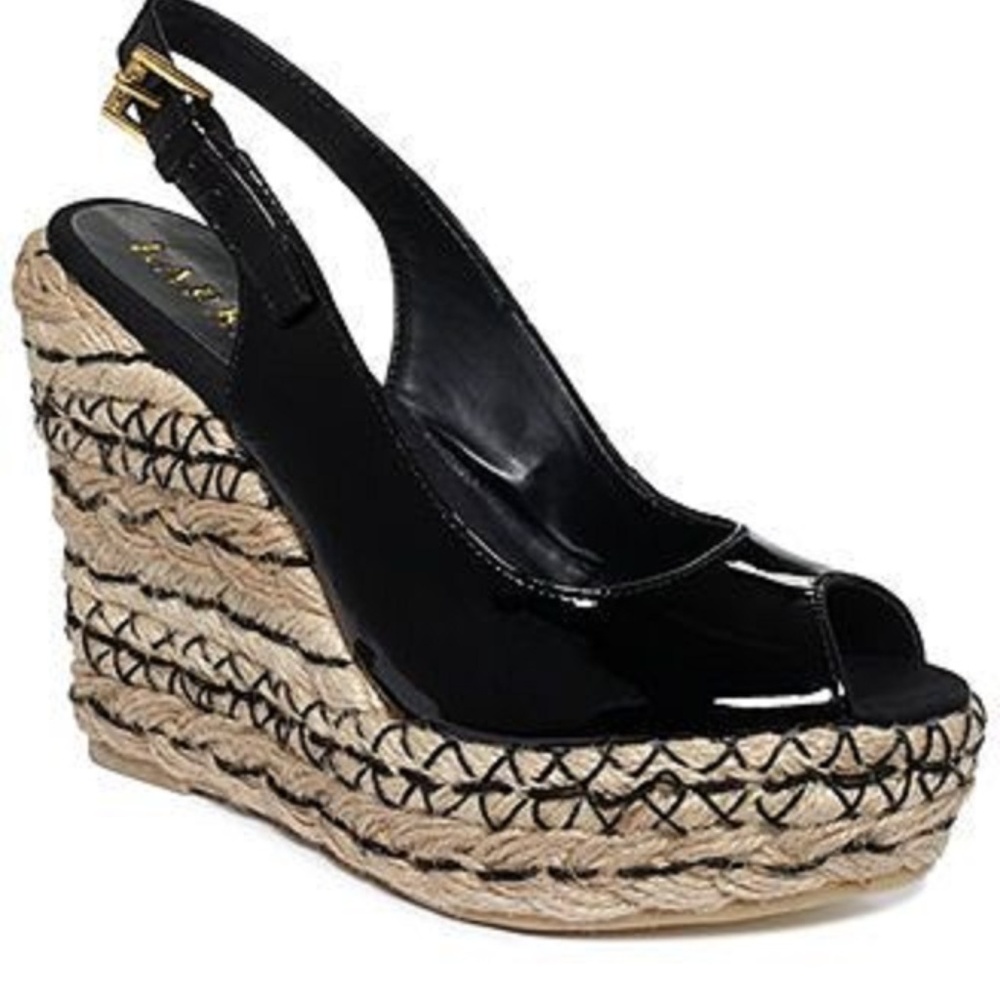 Ralph Lauren Black Patent Leather Espadrille Wedges